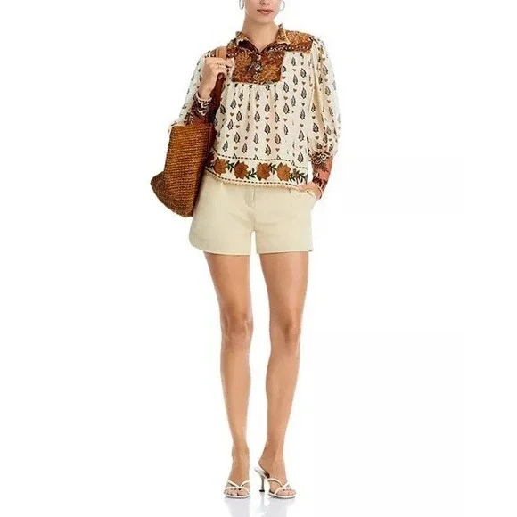 FARM Rio Ainika Cotton Floral Blouse.Beige Cream. Sz XS $198. NWOT